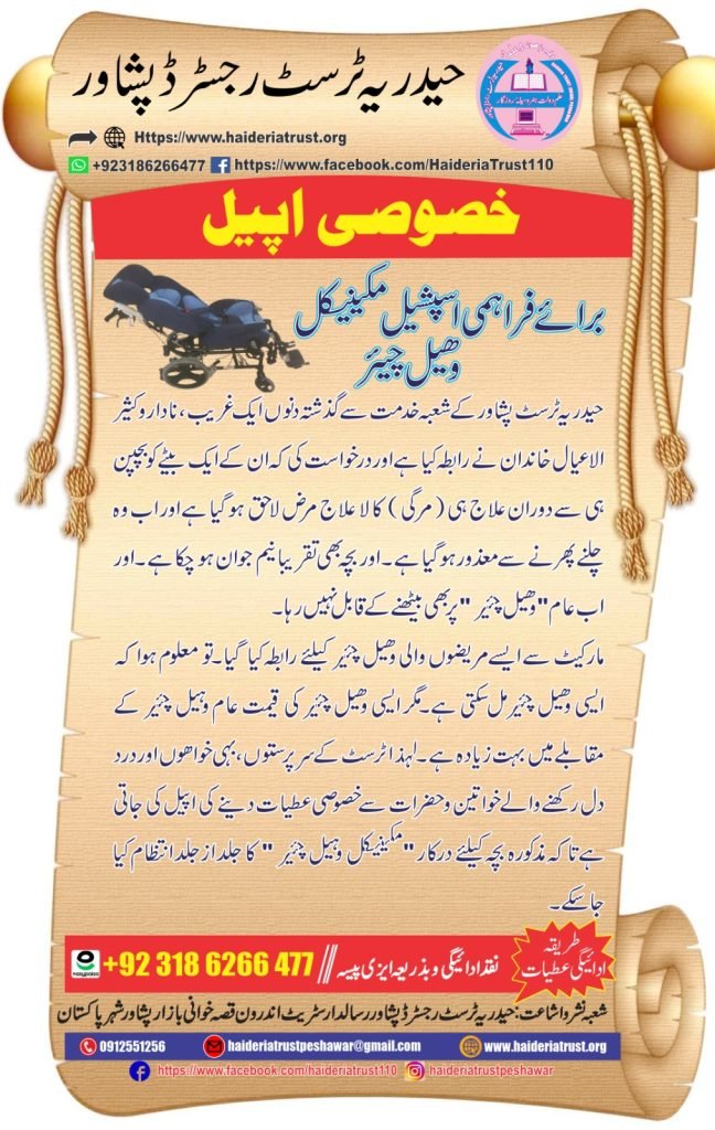 خصوصی اپیل برائے فراہمی اسپیشل مکینیکل وہیل چیئر
